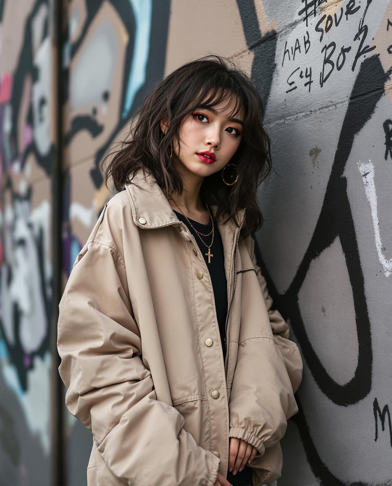 甜酷女孩 - 身着街头时尚风格的中国年轻女性在涂鸦墙前 - 每日福利