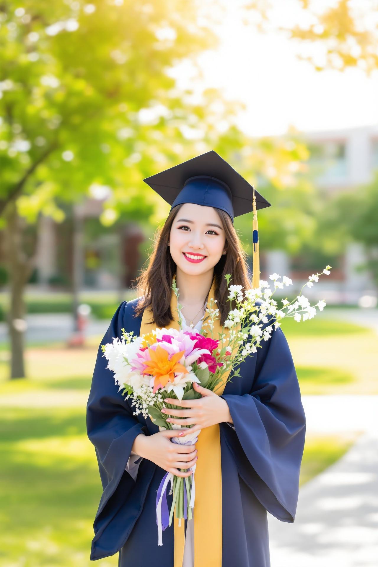 青春校园 - 身着学士服的大学毕业生在校园绿地上手捧花束,阳光笑脸毕业写真 - 每日福利