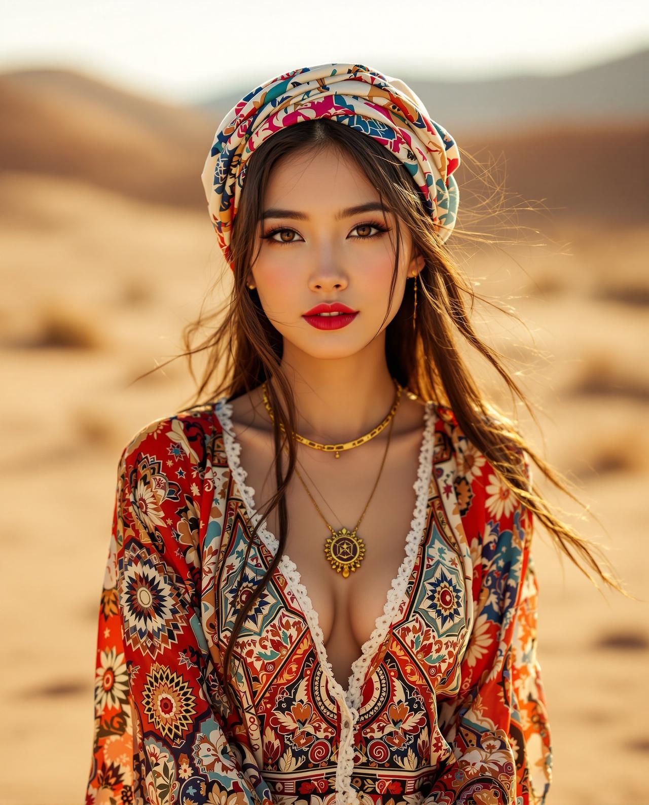 波西米亚 - 身着波西米亚风格飘逸印花裙的女性在沙漠景观中 - 每日福利