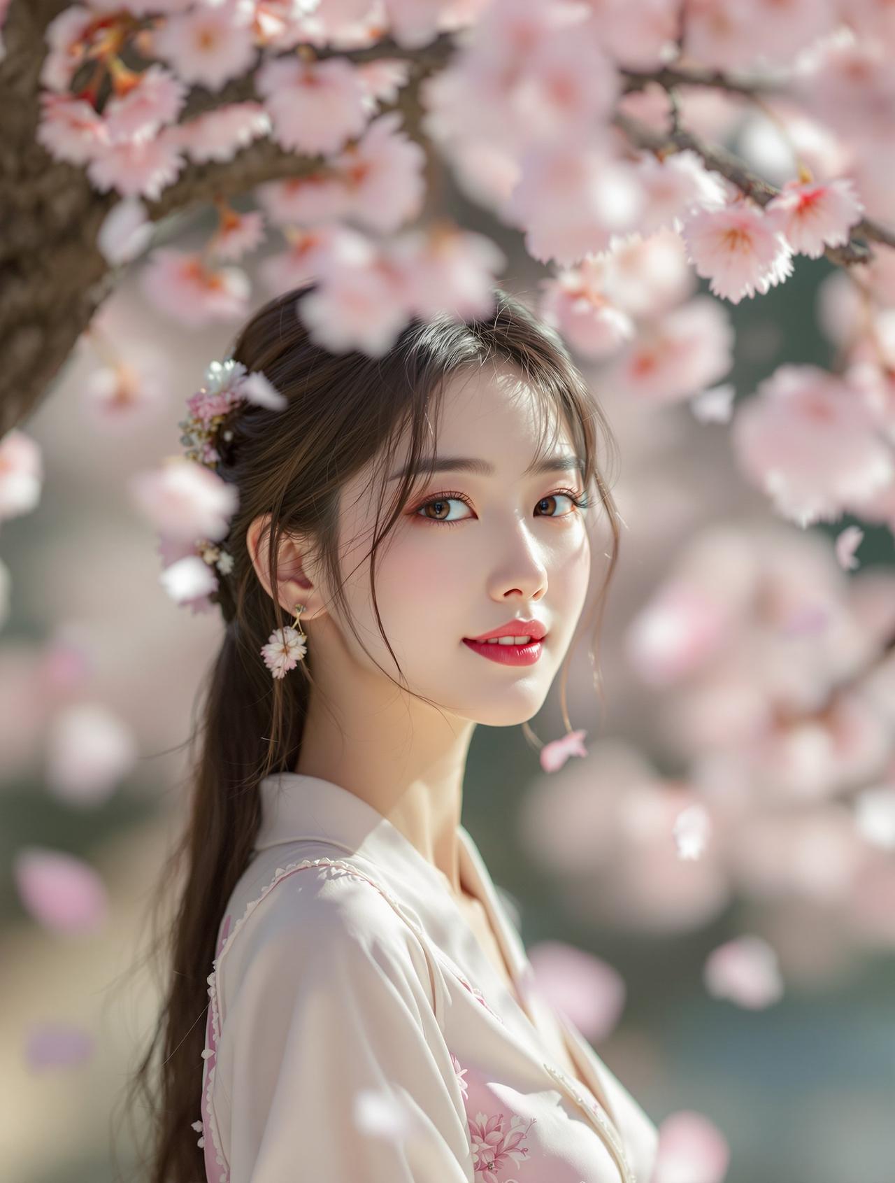 樱花树下 - 站在校园樱花树下，粉色花瓣飘落的中国女学生 - 每日福利