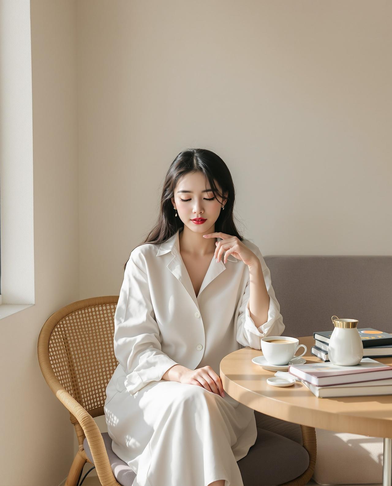 ins简约风 - 身着极简白装的年轻女性在明亮现代咖啡馆中,文艺清新日常写真 - 每日福利