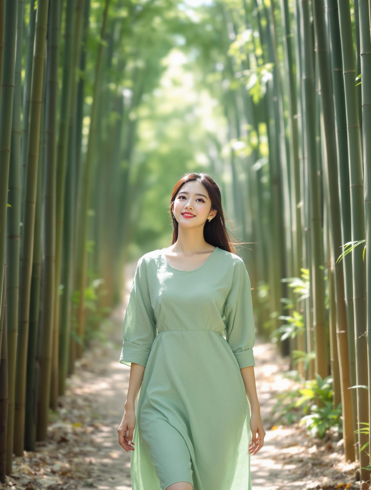 林间漫步 - 身着浅绿亚麻裙的女性漫步于竹林小径,柔和散光自然系森系写真 - 每日福利