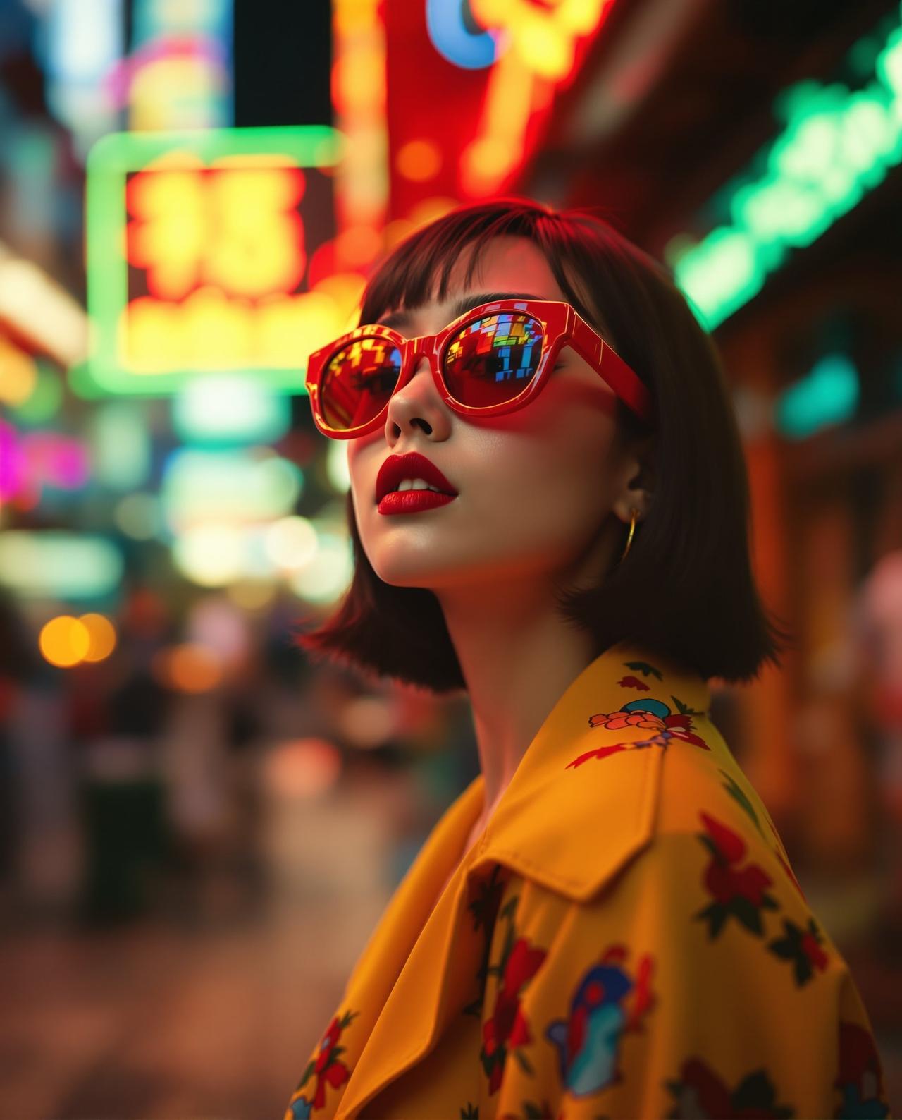 复古港风 - 身着80年代港风复古时尚的女性在霓虹街头背景前,经典韵味写真 - 每日福利