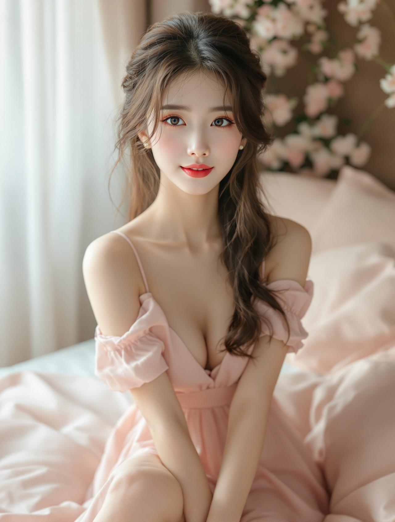 Ugirls精选 - 身着淡粉连衣裙的中国年轻女性在温馨卧室中 - 每日福利