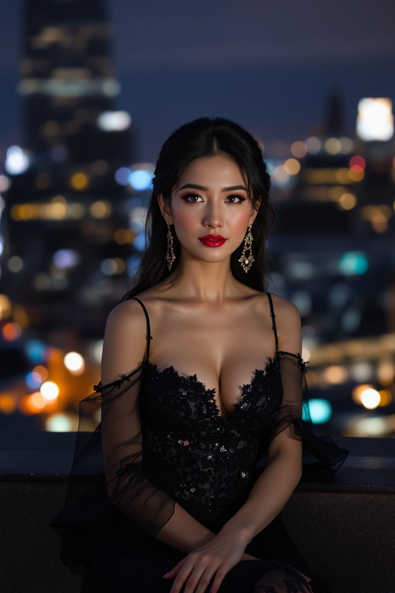 都市魅影 - 优雅成熟女性身着黑色晚礼服站在城市天台上,夜景灯光为背景,魅力写真 - 每日福利